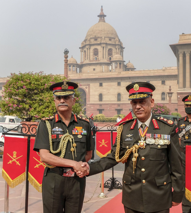 Indian Army Chief General MM Naravane (left) welcomes his Nepal counterpart Gen Prabhu Ram Sharma in New Delhi on Tuesday. PTI