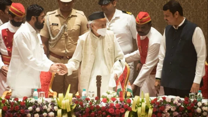Maharashtra chief minister Eknath Shinde, governor Bhagat Singh Koshiyari and deputy chief minister Devendra Fadnavis. Image : HT Photo
